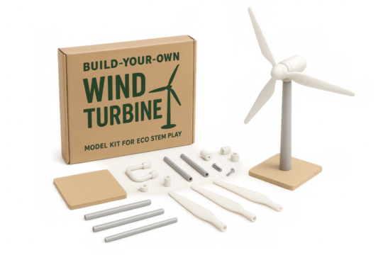 Wind turbine model kit with finished product and components on transparent background