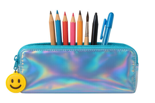 Shiny pencil case full of colorful pencils and pens on transparent background