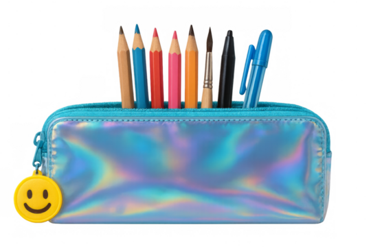 Shiny pencil case full of colorful pencils and pens on transparent background