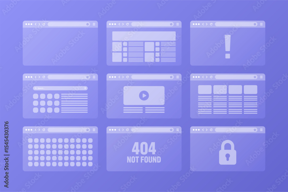Fototapete Web browser window, transparent pages layout with toolbar and search field. Modern website, internet page. Browser mockup for computer, tablet and smartphone. Adaptive UI. Vector illustration