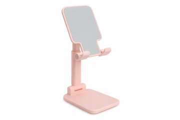 Pink foldable phone stand on transparent background, perfect for desk or travel