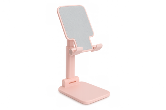Pink foldable phone stand on transparent background, perfect for desk or travel