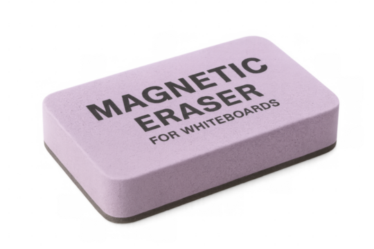 Purple magnetic eraser for whiteboards on transparent background