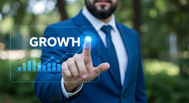 Businessman in blue suit interacts with a digital growth chart interface outdoors, showcasing upward trend and progress in a park setting.