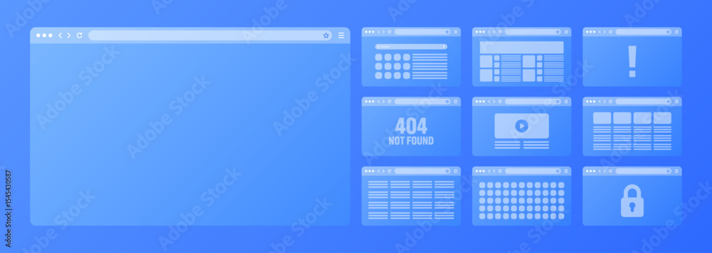 Fototapete Web browser window, transparent pages layout with toolbar and search field. Modern website, internet page. Browser mockup for computer, tablet and smartphone. Adaptive UI. Vector illustration