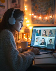 Young woman with headphones engaged in online video call on laptop, illuminated by warm lights, creating a cozy atmosphere for virtual communication and connection