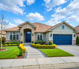A luxurious home's entrance on a sunny day with lovely landscaping. exterior design of a home.