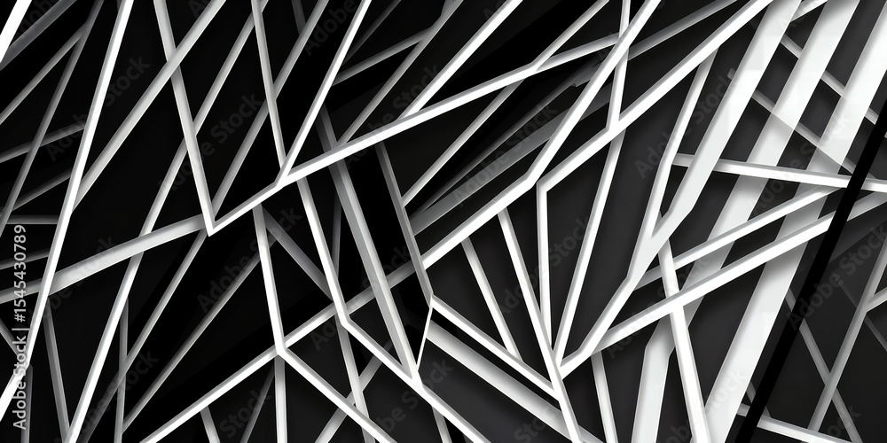 Poster a chaotic arrangement of white lines intersecting on a black background creating an abstract design