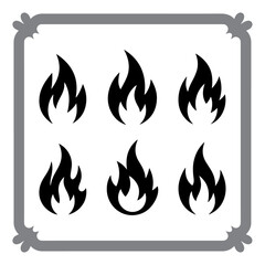 Vector fire icon set with burning flame signs and warning symbols