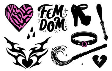 Bold vector illustration in trendy tattoo and pop-art style includes high heels, a collar, whip, broken heart, tribal heart, pink zebra heart, and drops. Sticker set in black, white, pink colors.