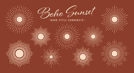 Vintage sunburst, sunset beams collection. Boho style, modern minimalist bohemian design. Hand drawn bursting sun, light rays. Logotype or lettering design element in retro style. Vector illustration
