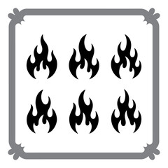 Vector fire icon set with burning flame signs and warning symbols