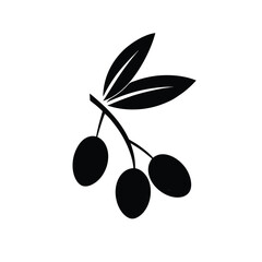 A simple black and white vector illustration of three olives with leaves. Ideal for food packaging, Mediterranean themes, organic products, and minimalist culinary designs