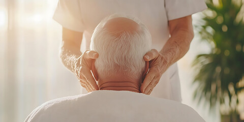 Senior getting a head massage from a professional. The scene is set in a soothing environment, with a focus on health and wellness.