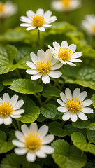 Obraz premium Close-up of delicate white daisies blooming in lush green foliage, vibrant spring garden scene