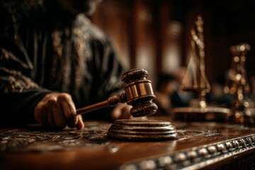 Obraz premium Judge striking gavel on bench during courtroom session