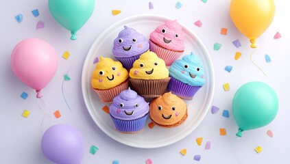 Colorful Cupcakes with Smiling Faces on Plate Surrounded by Balloons and Confetti, Isolated on White Background