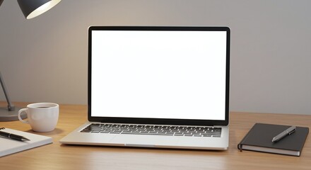 Fototapeta premium Modern Laptop Workspace Blank Screen Mockup on Wooden Desk