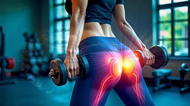 Gluteus maximus, muscle activation, fitness training. Exercise benefits. Muscles strengthen during gym workouts. Resistance increases core stability. Training enhances overall health.