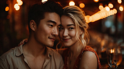 Romantic moment of a smiling Asian couple taken outdoors, showcasing love, happiness, and connection in natural daylight with soft tones and candid expressions. Generative AI