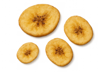 Four banana chips of different sizes, creating a visually appealing arrangement against a transparent backdrop