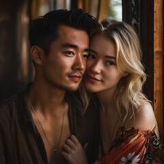 Smiling interracial couple outdoors, featuring an Asian man and a white woman embracing affectionately. Romantic moment captured in natural light for modern dating themes. Generative AI