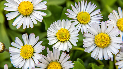 Fototapeta premium Close-up of several white daisies with yellow centers blooming in a lush green field