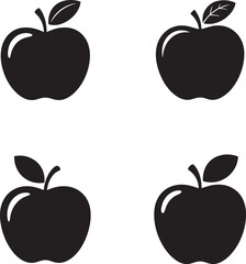 Four simple black silhouette apples with leaves on a white background
