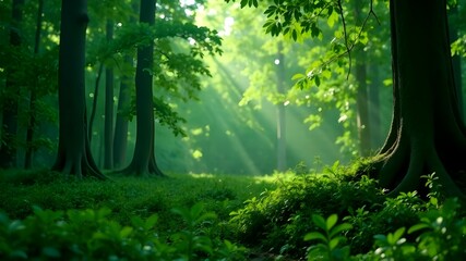 Obraz premium Sunlight filters through trees in a serene forest glade during early morning