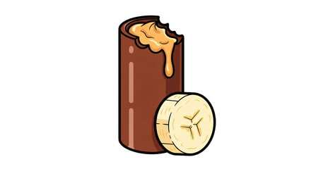 Cartoon illustration of a chocolate bar with gooey peanut butter filling next to a banana slice, perfect for food blogs, snack advertisements, or healthy treat recipes,