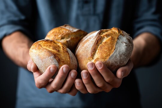 A man is holding three loaves of bread in his hands. The bread is toasted and has a crunchy texture. The man's hands are covered in flour, indicating that he has been working with the bread