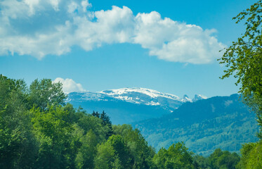 Fototapeta premium Idyllic landscape in the Alps with fresh green meadows and mountain peaks.