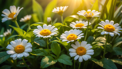 Fototapeta premium Close-up of white daisies blooming in a lush green garden bathed in sunlight