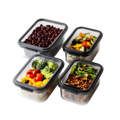 Four Meal Prep Containers Various Foods isolated on a transparent background