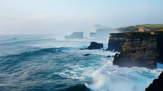 Dramatic ocean waves crashing against rugged coastal rocks Powerful ocean waves crashing dramatically against rugged coastal rocks creating explosive.