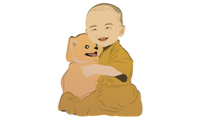 buddha kid, happy buddha kid, happiness, smiling baby with dog
