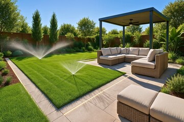 Lush backyard garden with sprinklers in action and rattan outdoor lounge under open metal pergola