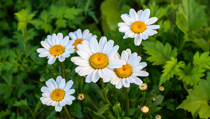 Close-up of five white daisies blooming in a lush green garden