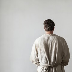 Obraz premium Man in a robe by a neutral wall