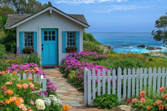 Small white cottage nestled amidst vibrant garden overlooking the ocean. Rustic shingle roof, white textured walls, striking turquoise blue door and window shutters. Stone pathway leads to the cottage - Powered by Adobe