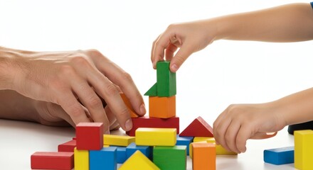 Hands of a father and son working together on a construction project with colorful wooden blocks. Father and son concept