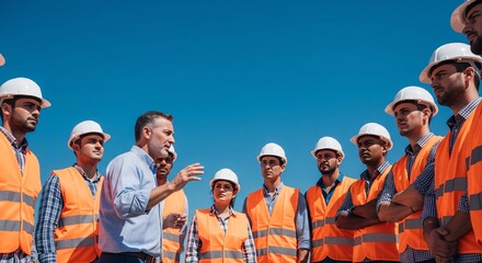 Construction Manager Leading a Safety Briefing with Diverse Team of Workers