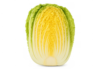 Cross section of a napa cabbage revealing its vibrant yellow and green inner leaves, isolated on a transparent background