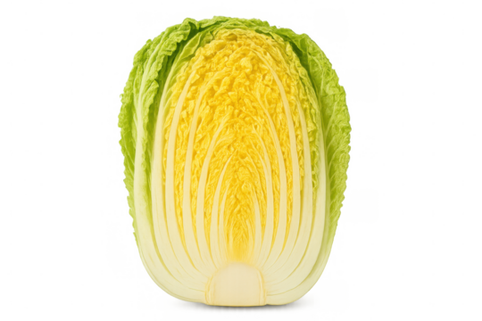 Cross section of a napa cabbage revealing its vibrant yellow and green inner leaves, isolated on a transparent background