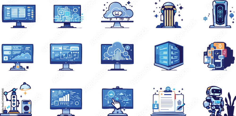 Poster digital technology illustrations showcasing cloud computing artificial intelligence and data visuali
