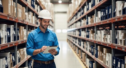 Smiling Male Warehouse Worker Using Digital Tablet to Manage Inventory