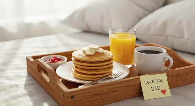 Breakfast in bed for Father’s Day: pancakes, coffee, orange juice and a handwritten “Love You Dad” note, on a wooden tray - Powered by Adobe