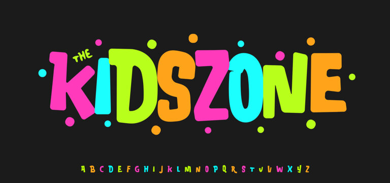 Colorful Kids Zone Play Room logo font, carnival typeset, bold cartoon alphabet. Playful groovy typeface for joyful headline, birthday title, comic text. Festive typographic design. Vector typeset