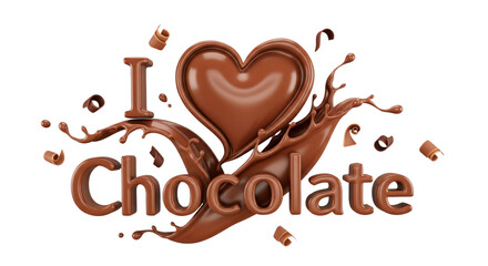 3D render of "I Love Chocolate" with a molten heart, dynamic chocolate splashes, and curls, perfect for Valentine's Day, dessert menus, confectionery advertising, or sweet blog posts,