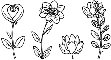 Simple black and white floral line drawings featuring various different flower designs.
